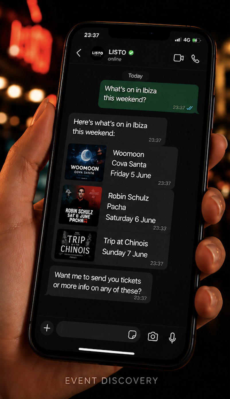 LISTO chat — event discovery in Ibiza