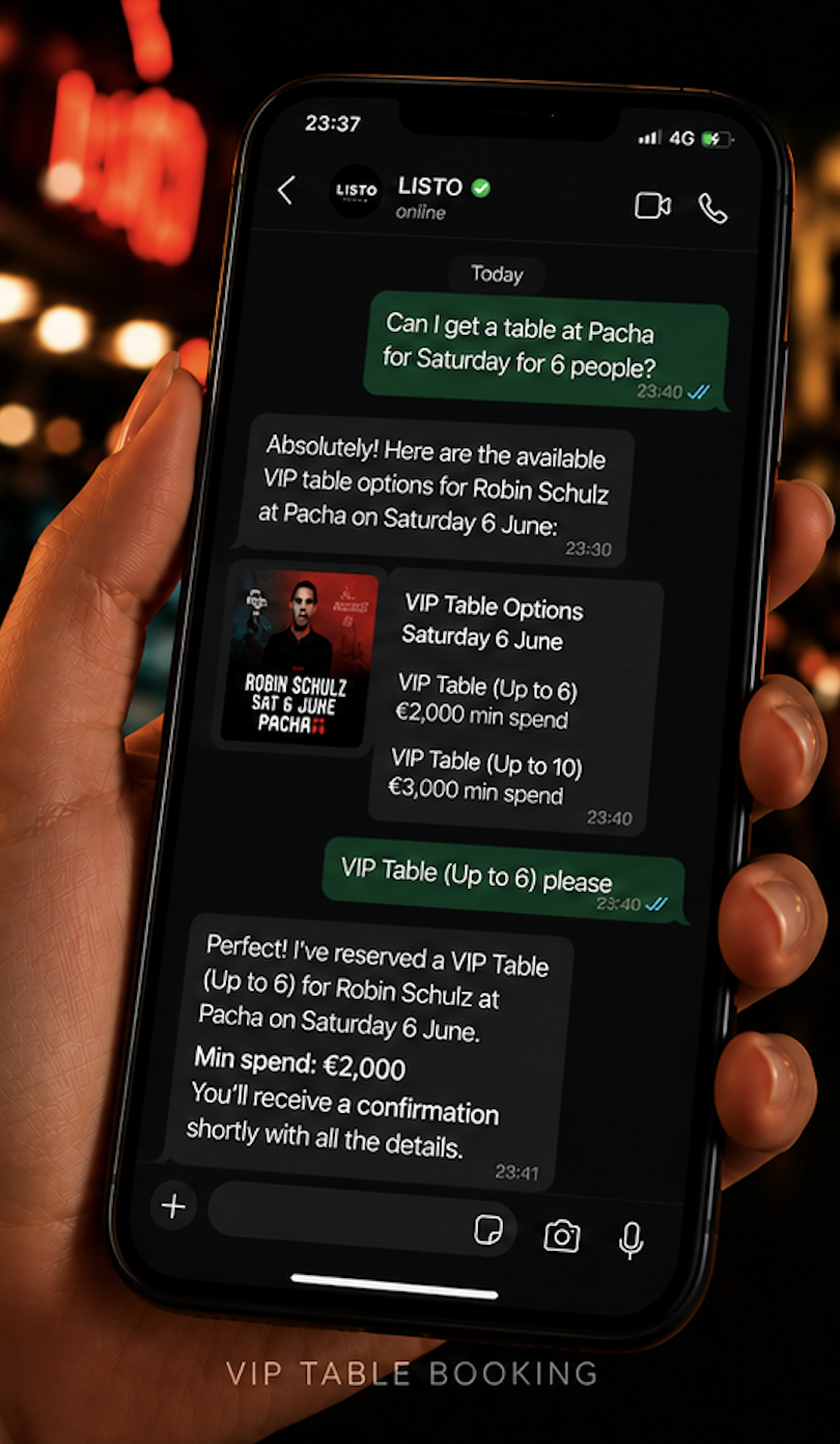 LISTO chat — VIP table booking at Pacha